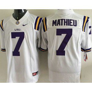 NCAA LSU Tigers 7 Tyrann Mathieu White Men Jersey With SEC Patch