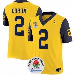 NCAA Wolverines 2 Blake Corum 2023 F.U.S.E. Yellow Navy Rose Bowl Patch Vapor Limited Men Jersey