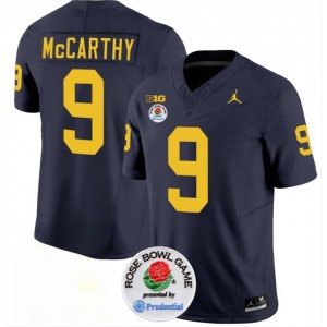 NCAA Wolverines 9 J.J. McCarthy 2023 F.U.S.E. Navy Rose Bowl Patch Vapor Limited Men Jersey