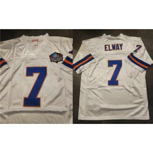 NFL Broncos 7 John Elway White Throwback Men Jersey with Hall of Fame Patch