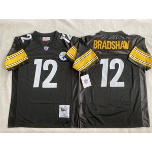 NFL Steelers 12 Terry Bradshaw Black Throwback Men Jersey