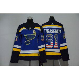 NHL Blues 91 Vladimir Tarasenko Blue USA Flag A Pacth Adidas Women Jersey