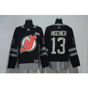 NHL Devils 13 Nico Hischier Black 100th Anniversary Adidas Men Jersey
