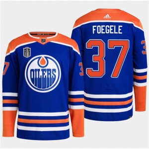 NHL Oilers 37 Warren Foegele Royal 2024 Stanley Cup Final Patch Adidas Men Jersey