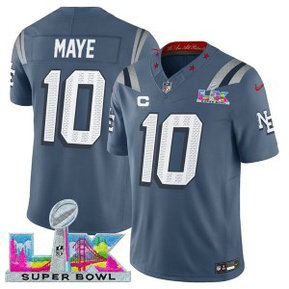 New England Patriots 10 Drake Maye Blue 2026 Super Bowl LX & C Patches Rivalries F.U.S.E. Vapor Limited Men Jersey