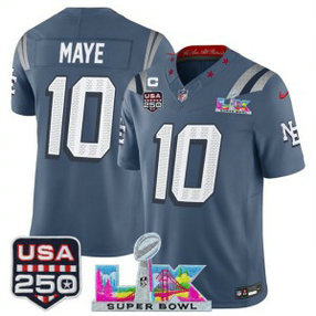 New England Patriots 10 Drake Maye Blue F.U.S.E. Vapor Limited Men Jersey with 2026 Super Bowl LX & C patch & USA 250 Patches