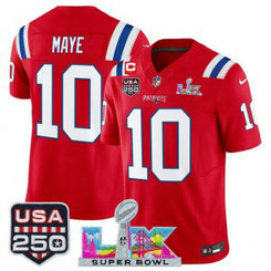 New England Patriots 10 Drake Maye Red F.U.S.E. Vapor Limited Men Jersey with 2026 Super Bowl LX & C patch & USA 250 Patches