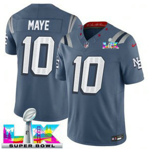 New England Patriots 10 Drake Maye Storm Blue 2026 Super Bowl LX Rivalries F.U.S.E. Vapor Limited Men Jersey