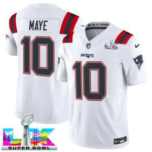 New England Patriots 10 Drake Maye White 2026 Super Bowl LX F.U.S.E. Vapor Limited Men Jersey