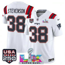 New England Patriots 38 Rhamondre Stevenson White F.U.S.E. Vapor Limited Men Jersey with 2026 Super Bowl LX & USA 250 Patches