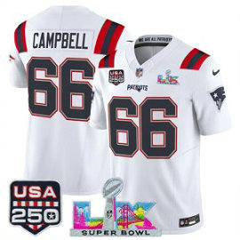 New England Patriots 6 Will Campbell White F.U.S.E. Vapor Limited Men Jersey with 2026 Super Bowl LX & USA 250 Patches