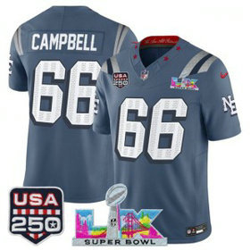 New England Patriots 66 Will Campbell Blue Rivalries F.U.S.E. Vapor Limited Men Jersey with 2026 Super Bowl LX & USA 250 Patches