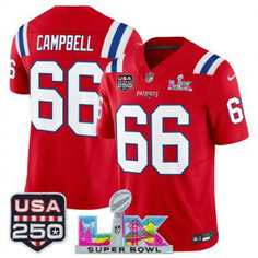 New England Patriots 66 Will Campbell Red F.U.S.E. Vapor Limited Men Jersey with 2026 Super Bowl LX & USA 250 Patches