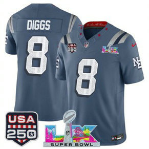 New England Patriots 8 Stefon Diggs Blue Rivalries F.U.S.E. Vapor Limited Men Jersey with 2026 Super Bowl LX & USA 250 Patches