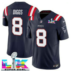 New England Patriots 8 Stefon Diggs Navy 2026 Super Bowl LX F.U.S.E. Vapor Limited Men Jersey