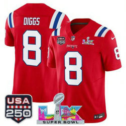 New England Patriots 8 Stefon Diggs Red F.U.S.E. Vapor Limited Men Jersey with 2026 Super Bowl LX & USA 250 Patches