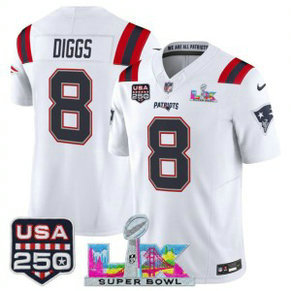 New England Patriots 8 Stefon Diggs White F.U.S.E. Vapor Limited Men Jersey with 2026 Super Bowl LX & USA 250 Patches