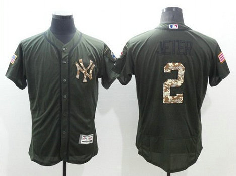 New York Yankees #2 Derek Jeter Retired Green Salute To Service 2016 Flexbase Majestic Baseball Jersey