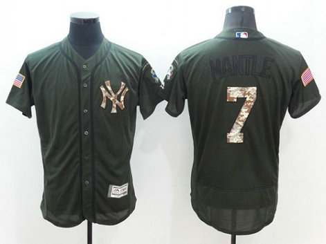 New York Yankees #7 Mickey Mantle Retired Green Salute To Service 2016 Flexbase Majestic Baseball Jersey