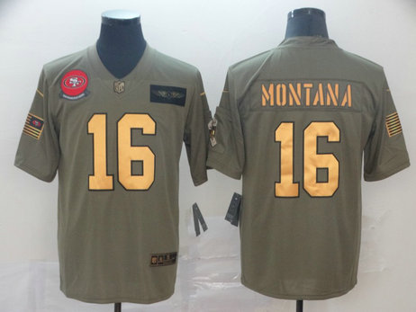 Nike 49ers 16 Joe Montana 2019 Olive Gold Salute To Service Limited Jersey