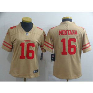 Nike 49ers 16 Joe Montana Gold Inverted Legend Women Jersey