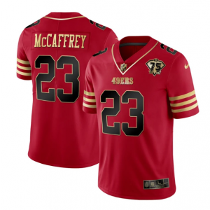 Nike 49ers 23 Christian McCaffrey Red Gold With 75th Patch Limited Men Jersey