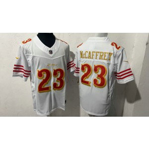 Nike 49ers 23 Christian McCaffrey White Gold 2025 Rivalries F.U.S.E. Vapor Limited Men Jersey