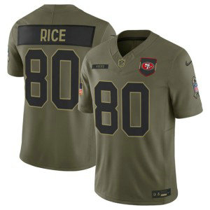 Nike 49ers 80 Jerry Rice Olive 2025 Salute to Service F.U.S.E. Vapor Limited Men Jersey