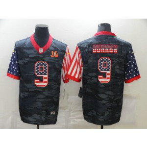 Nike Bengals 9 Joe Burrow Black Camo USA Flag Limited Men Jersey
