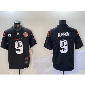 Nike Bengals 9 Joe Burrow Black Team Logo F.U.S.E. Vapor Limited Men Jersey with C patch
