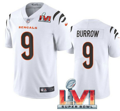 Nike Bengals 9 Joe Burrow White 2022 Super Bowl LVI Vapor Limited Jersey