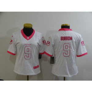 Nike Bengals 9 Joe Burrow White Pink Limited Women Jersey
