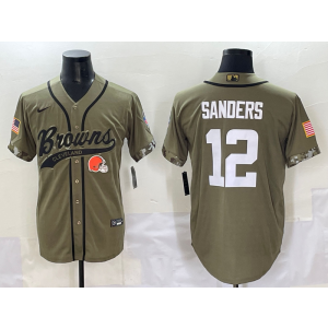 Nike Browns 12 Sanders Olive Baseball Vapor Limited Men Jersey