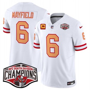 Nike Buccaneers 6 Baker Mayfield White 2024 NFC South Division Champions F.U.S.E. Vapor Limited Men Jersey with C Patch