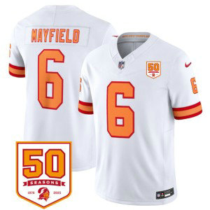 Nike Buccaneers 6 Baker Mayfield White F.U.S.E. Vapor Limited Men Jersey with 50th Anniversary Patch