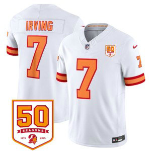 Nike Buccaneers 7 Bucky Irving White F.U.S.E. Vapor Limited Men Jersey with 50th Anniversary Patch