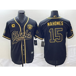 Nike Chiefs 15 Patrick Mahomes Black Gold Baseball Vapor Limited Jersey with C patch