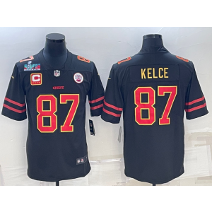 Nike Chiefs 87 Kelce Black Gold 2023 Super Bowl & C patch Vapor Limited Men Jersey