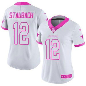 Nike Cowboys 12 Roger Staubach White Pink Stitched NFL Limited Rush Fashion Women Jersey