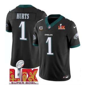Nike Eagles 1 Jalen Hurts Black 22025 Super Bowl LIX F.U.S.E. Vapor Limited Men Jersey with 3-Star C Patch