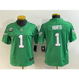 Nike Eagles 1 Jalen Hurts Green 2023 New Neck Vapor Limited Women Jersey with C patch