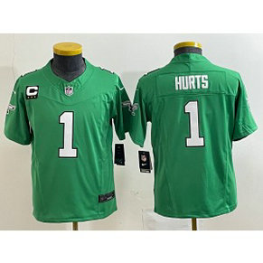 Nike Eagles 1 Jalen Hurts Green 2023 New Neck Vapor Limited Youth Jersey with C patch