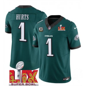 Nike Eagles 1 Jalen Hurts Green 2025 Super Bowl LIX F.U.S.E. Vapor Limited Men Jersey with 3-Star C Patch