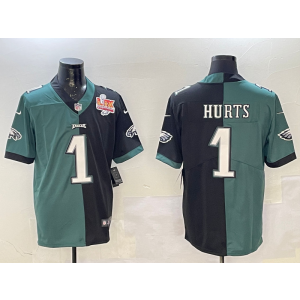 Nike Eagles 1 Jalen Hurts Green Black Split 2025 Super Bowl LIX Champion Vapor Limited Men Jersey