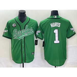 Nike Eagles 1 Jalen Hurts Green C Patch Baseball Vapor Limited Men Jersey