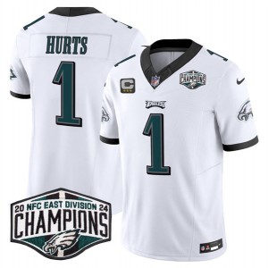 Nike Eagles 1 Jalen Hurts White 2024 NFC East Champions F.U.S.E. Vapor Limited Men Jersey with C Patch