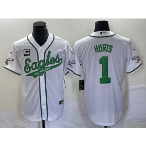 Nike Eagles 1 Jalen Hurts White Baseball Vapor Limited Men Jersey with C Patch