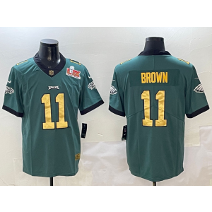 Nike Eagles 11 A.J. Brown Green Gold 2025 Super Bowl LIX Vapor Limited Men Jersey