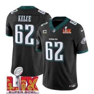 Nike Eagles 62 Jason Kelce Black 2025 Super Bowl LIX F.U.S.E. Vapor Limited Men Jersey with C Patch