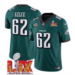 Nike Eagles 62 Jason Kelce Green 2025 Super Bowl LIX F.U.S.E. Vapor Limited Men Jersey with C Patch